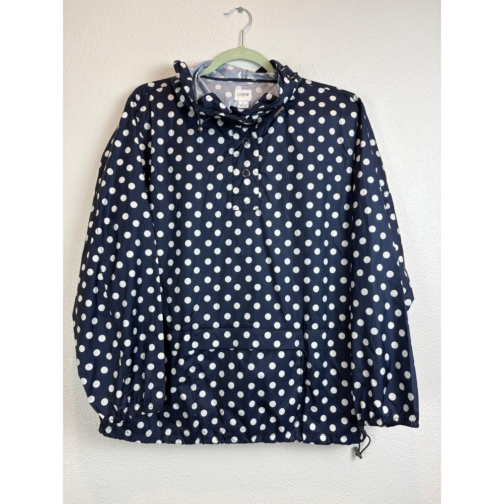 J.Crew Women's M Navy Polka Dot Hooded Anorak Rain Jacket Pullover Packable